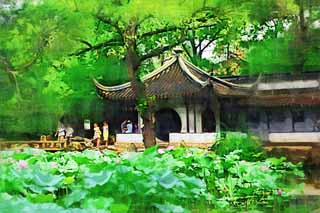 illust, matire, libre, paysage, image, le tableau, crayon de la couleur, colorie, en tirant,L'architecture de Zhuozhengyuan, Architecture, cercle, Hasuike, jardin