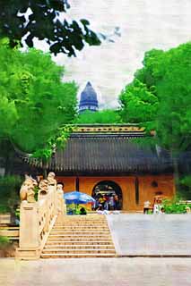 illustration,material,free,landscape,picture,painting,color pencil,crayon,drawing,The entrance of HuQiu, bridge, The gate, tower, 
