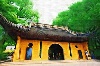 illustration,material,free,landscape,picture,painting,color pencil,crayon,drawing,The gate of HuQiu, Yellow, The gate, roof, 