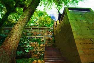 illust, matire, libre, paysage, image, le tableau, crayon de la couleur, colorie, en tirant,Ishigaki de HuQiu, escalier de pierre, Escalier, Ishigaki, colline du tigre