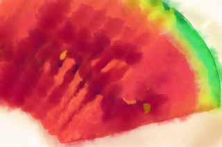 Illust, materieel, vrij, landschap, schilderstuk, schilderstuk, kleuren potlood, crayon, werkje,Een watermelon snerpen, Chinees etenswaar, Toetje, Watermeloen, 