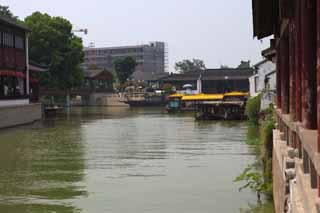 Foto, materieel, vrij, landschap, schilderstuk, bevoorraden foto,Een kanaal van Suzhou, Schip, Kanaal, Waterkant, Bouwlocatie