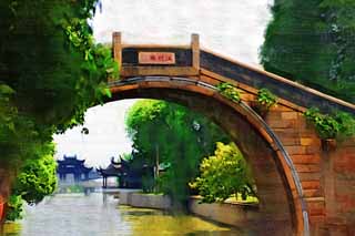 illust, materiell, befreit, Landschaft, Bild, Gemlde, Farbbleistift, Wachsmalstift, Zeichnung,,Eine Brcke von Suzhou, Brcke, steinigen Sie Brcke, Ein Bogen, Kanal