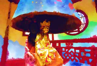 Illust, materieel, vrij, landschap, schilderstuk, schilderstuk, kleuren potlood, crayon, werkje,EEN Boeddhist afbeelding van de rake een klokje motie van de berg in winterachtige tempel, Boeddhist afbeelding, Goud, , Boeddhisme
