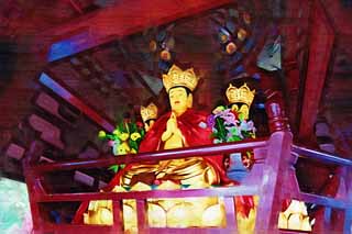 illust, material, livram, paisagem, quadro, pintura, lpis de cor, creiom, puxando,Uma imagem budista em Cinco Pagode de Storeyed da montanha em templo de inverno, Imagem budista, Ouro, , Budismo