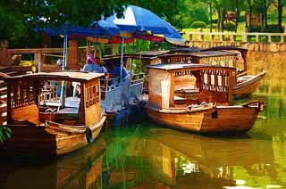 illustration,material,free,landscape,picture,painting,color pencil,crayon,drawing,A boat of Suzhou, small boat, wooden vessel, canal, Water