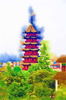 illust, matire, libre, paysage, image, le tableau, crayon de la couleur, colorie, en tirant,Une tour lgre propice, Chinois appellent, toit, Je suis rouge du cinabre, tour pour Taho-nyorai