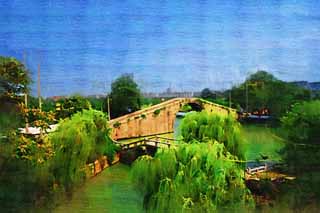 illust, materiell, befreit, Landschaft, Bild, Gemlde, Farbbleistift, Wachsmalstift, Zeichnung,,Das Kure-Tor Brcke, steinigen Sie Brcke, Eine gewlbte Brcke, Kanal, Weide