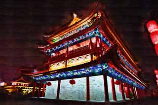 illust, material, livram, paisagem, quadro, pintura, lpis de cor, creiom, puxando,O porto de Einei, Chang'an, porto de castelo, tijolo, Eu ilumino isto