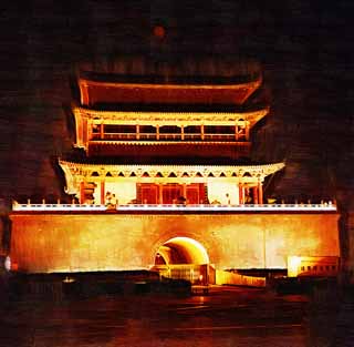 illust, materiale, libero panorama, ritratto dipinto, matita di colore disegna a pastello, disegnando,Una torre di campana, Chang'an, campanile, mattone, Io me l'accendo