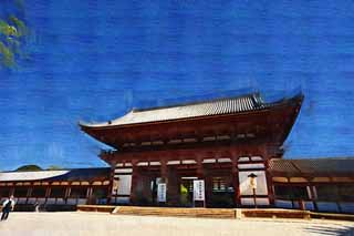 Illust, materieel, vrij, landschap, schilderstuk, schilderstuk, kleuren potlood, crayon, werkje,Todai-ji Tempel poort gebouwde tussen de hoofdschuif en het belangrijkste huis van de paleis-in model knipte architectuur in de Fujiwara tijdvak, De poort, Van hout gebouw, Boeddhisme, Tempel