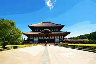 Illust, materieel, vrij, landschap, schilderstuk, schilderstuk, kleuren potlood, crayon, werkje,De Todai-ji Temple Hall van de Great Buddha, Groot standbeeld van De boeddha, Van hout gebouw, Boeddhisme, Tempel