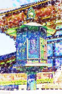 Illust, materieel, vrij, landschap, schilderstuk, schilderstuk, kleuren potlood, crayon, werkje,Een vergulde bronzene achthoek tuin lantaarn, Brons, Hemels meisje, Boeddhisme, Verlichting