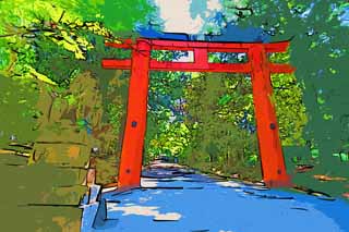 illust,tela,gratis,paisaje,fotografa,idea,pintura,Lpiz de color,dibujo,Una habilidad con el torii, Torii, Un enfoque para un santuario, Soy pintado de rojo, La sombra de un rbol