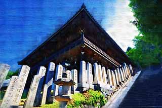 illustration,material,free,landscape,picture,painting,color pencil,crayon,drawing,Look up at Nigatsu-do Hall, stone stairway, wooden building, Eaves, The water-drawing ceremony