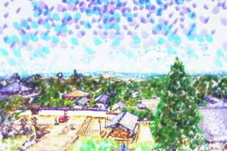 illustration,material,free,landscape,picture,painting,color pencil,crayon,drawing,Nara Basin from Nigatsu-do Hall, view, blue sky, roof, cloud
