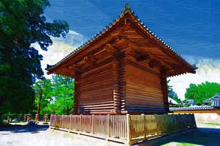 illust, matire, libre, paysage, image, le tableau, crayon de la couleur, colorie, en tirant,Laissez-passer de Temple Todai-ji; le stockage de, Architecture de la grosse bche carre, btiment en bois, Avant-toit, toit