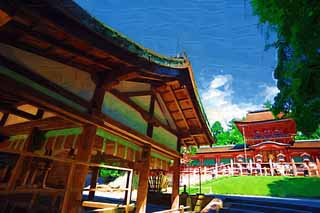 illustration,material,free,landscape,picture,painting,color pencil,crayon,drawing,Kasuga Taisha Shrine, Shinto, Shinto shrine, I am painted in red, roof