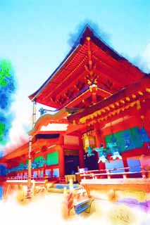 illustration,material,free,landscape,picture,painting,color pencil,crayon,drawing,Kasuga Taisha Shrine, Shinto, Shinto shrine, I am painted in red, roof