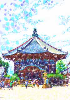 illust, material, livram, paisagem, quadro, pintura, lpis de cor, creiom, puxando,Templo de Kofuku-ji edifcio hexagonal sul, Budismo, edifcio de madeira, A nona peregrinao ao redor dos trinta e trs lugares santos no Kinki distrito conta lugar, herana mundial