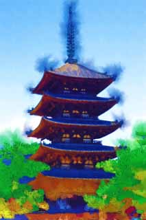 illustration,material,free,landscape,picture,painting,color pencil,crayon,drawing,Kofuku-ji Temple Five Storeyed Pagoda, Buddhism, wooden building, Five Storeyed Pagoda, world heritage