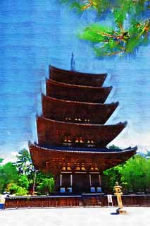 Illust, materieel, vrij, landschap, schilderstuk, schilderstuk, kleuren potlood, crayon, werkje,Kofuku-ji Temple Five Storeyed Pagoda, Boeddhisme, Van hout gebouw, Vijf Storeyed Pagoda, Wereld heritage
