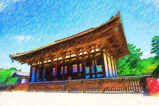 illust, material, livram, paisagem, quadro, pintura, lpis de cor, creiom, puxando,Templo de Kofuku-ji templo de Togane, Budismo, edifcio de madeira, telhado, herana mundial