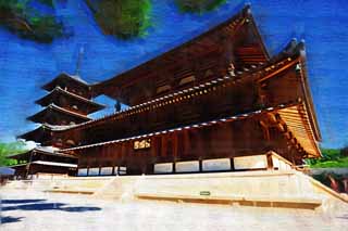 illustration,material,free,landscape,picture,painting,color pencil,crayon,drawing,Horyu-ji Temple, Buddhism, sculpture, Five Storeyed Pagoda, An inner temple