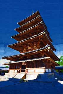 illust, materiell, befreit, Landschaft, Bild, Gemlde, Farbbleistift, Wachsmalstift, Zeichnung,,Horyu-ji-Tempel fnf Storeyed-Pagode, Buddhismus, Fnf Storeyed-Pagode, hlzernes Gebude, blauer Himmel