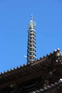 photo,material,free,landscape,picture,stock photo,Creative Commons,Five Storeyed Pagoda tip, Buddhism, Five Storeyed Pagoda, wooden building, blue sky