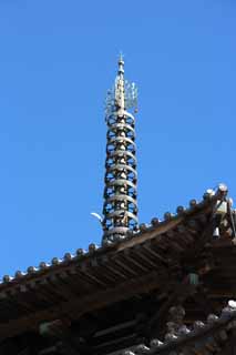 Foto, materieel, vrij, landschap, schilderstuk, bevoorraden foto,Vijf Storeyed Pagoda topje, Boeddhisme, Vijf Storeyed Pagoda, Van hout gebouw, Blauwe lucht