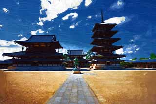 illust, material, livram, paisagem, quadro, pintura, lpis de cor, creiom, puxando,Templo de Horyu-ji, Budismo, escultura, Cinco pagode de Storeyed, Um templo interno