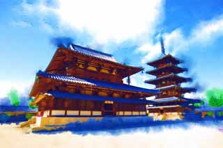 Illust, materieel, vrij, landschap, schilderstuk, schilderstuk, kleuren potlood, crayon, werkje,Horyu-ji Tempel, Boeddhisme, Beeldhouwkunst, Vijf Storeyed Pagoda, Een inner tempel