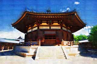 illust, material, livram, paisagem, quadro, pintura, lpis de cor, creiom, puxando,Horyu-ji Templo sonho, Budismo, Sonho, 8 forma quadrada, Um templo interno