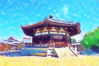 Illust, materieel, vrij, landschap, schilderstuk, schilderstuk, kleuren potlood, crayon, werkje,Horyu-ji Tempel wensdroom, Boeddhisme, Wensdroom, 8 plein gedaante, Een inner tempel