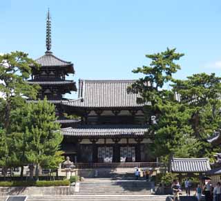 foto,tela,gratis,paisaje,fotografa,idea,Horyu - ji templo, Buddhism, Puerta construir entre la puerta principal y la casa principal de la arquitectura diseada por palacio en el punto de Fujiwara, Cinco pagoda de Storeyed, Idea Buddhist