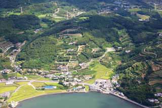 Foto, materieel, vrij, landschap, schilderstuk, bevoorraden foto,Een landgoed dorp van Nagasaki, Het land, Mandarijn sinaasappel, De zee, Luchtfotografie