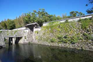 Foto, materieel, vrij, landschap, schilderstuk, bevoorraden foto,Fukue Kasteel voetspoor, Ishigaki, Moat, Brug, Kasteel