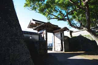 Foto, materieel, vrij, landschap, schilderstuk, bevoorraden foto,Fukue Kasteel kasteel poort, Ishigaki, Kasteel poort, Deur, Muur