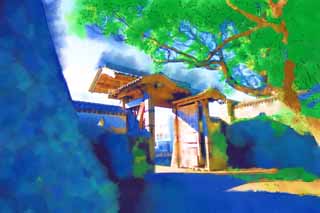 illust, materiale, libero panorama, ritratto dipinto, matita di colore disegna a pastello, disegnando,Fukue Castle cancello di castello, Ishigaki, cancello di castello, porta, muro