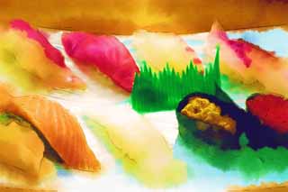 illust, materiell, befreit, Landschaft, Bild, Gemlde, Farbbleistift, Wachsmalstift, Zeichnung,,Fassen Sie Sushi an, Fisch richtet an, Sushi, , 