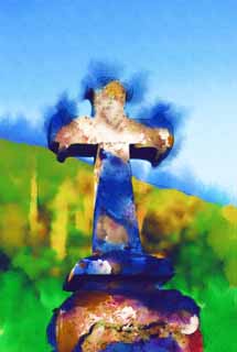 illust, materiell, befreit, Landschaft, Bild, Gemlde, Farbbleistift, Wachsmalstift, Zeichnung,,Ein katholischer Grabstein, Grabstein, Christentum, Kreuz, Friedhof