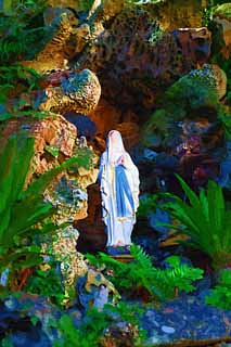 illust, material, livram, paisagem, quadro, pintura, lpis de cor, creiom, puxando,Igreja de Imochiura a Lourdes, Maria imagem, Cristianismo, caverna, fonte