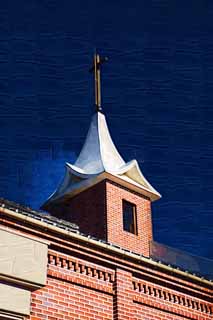 illust, materiell, befreit, Landschaft, Bild, Gemlde, Farbbleistift, Wachsmalstift, Zeichnung,,Die Imochiura-Kirche Lourdes, Es wird von Backstein gebaut, Christentum, Kreuz, blauer Himmel