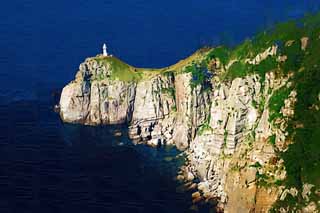 illust, matire, libre, paysage, image, le tableau, crayon de la couleur, colorie, en tirant,Grand phare Sezaki, falaise, La mer, ciel bleu, Grand phare Sezaki