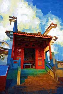 Illust, materieel, vrij, landschap, schilderstuk, schilderstuk, kleuren potlood, crayon, werkje,Akito tempel, Tempel, , Min, Japanse zeeschuimers