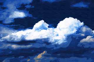 illustration,material,free,landscape,picture,painting,color pencil,crayon,drawing,A cloud of the summer, blue sky, thunderhead, In the summer, Sunlight