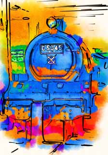 Illust, materieel, vrij, landschap, schilderstuk, schilderstuk, kleuren potlood, crayon, werkje,Een wasem locomotief, Bewasem locomotief, Trein, Aandrijfwiel, Steenkool