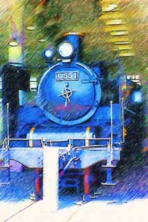 illust, materiell, befreit, Landschaft, Bild, Gemlde, Farbbleistift, Wachsmalstift, Zeichnung,,Eine Dampflokomotive, dnsten Sie Lokomotive, Zug, das Fahren von Rad, Kohle