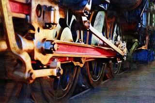 illust, matire, libre, paysage, image, le tableau, crayon de la couleur, colorie, en tirant,Le rouge de la rame principale bton, vapeur locomotif, train, roue motrice, Fer